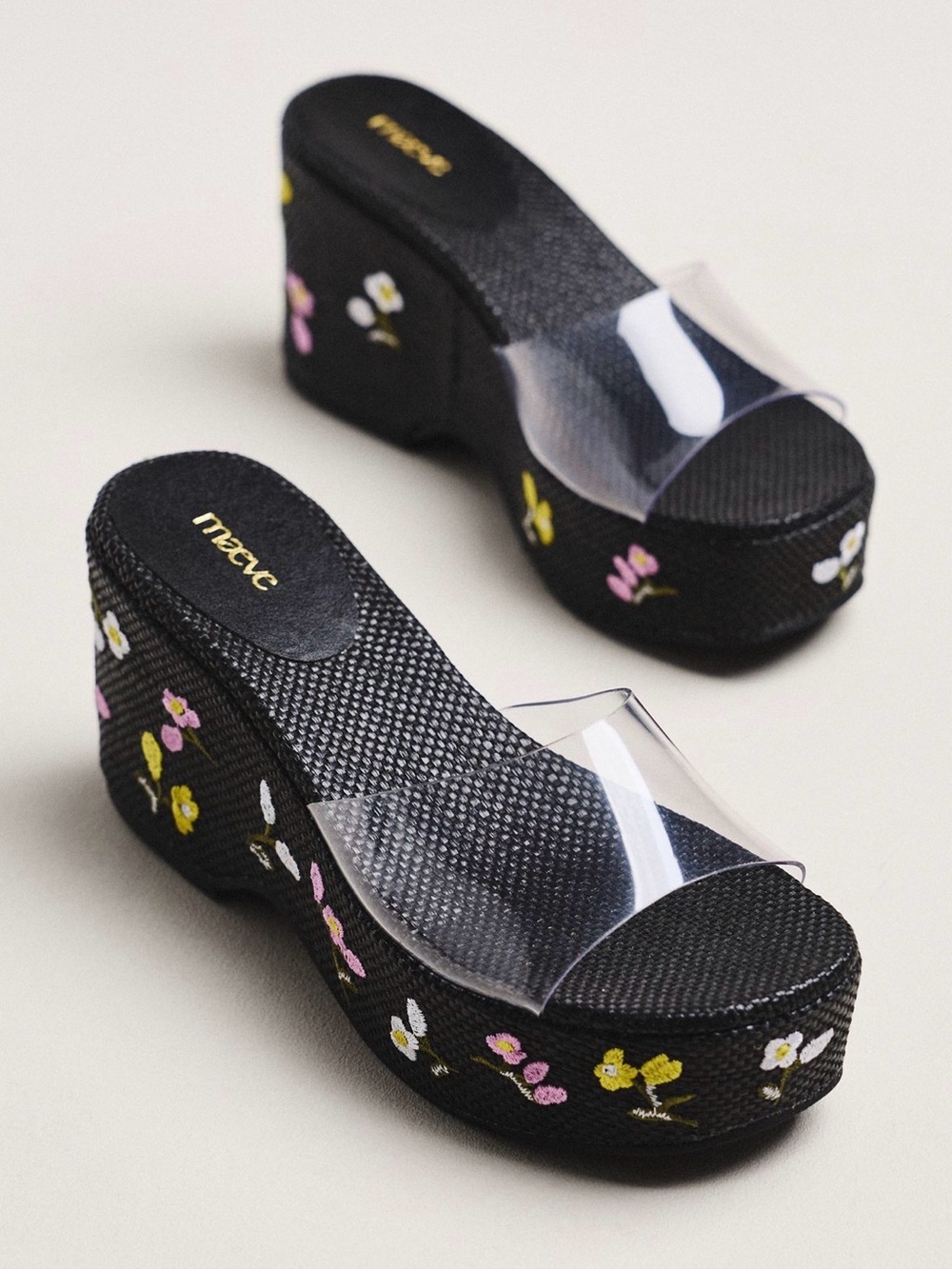 Maeve Black Woven Platform Slides with Clear Strap and Floral Embroidery